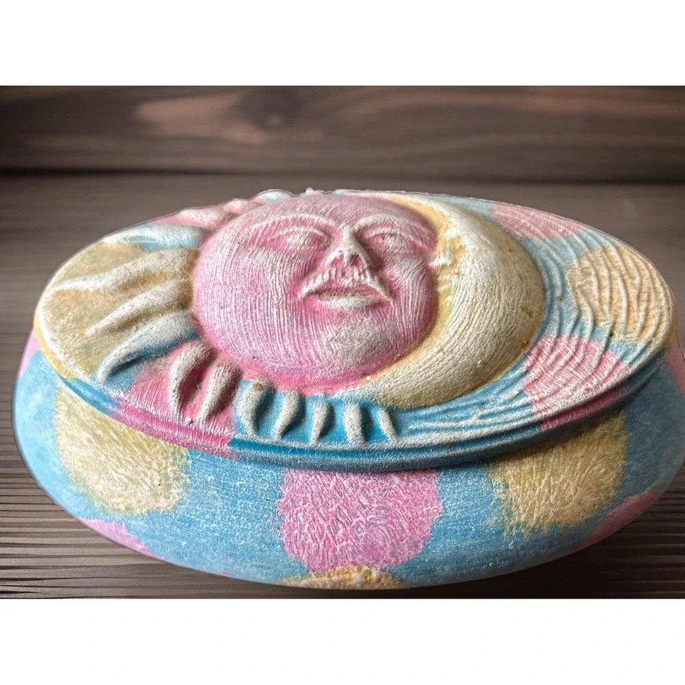 Celestial 3D Sun Moon Candle Trinket Box Hand Painted Pottery Whimsigoth Read